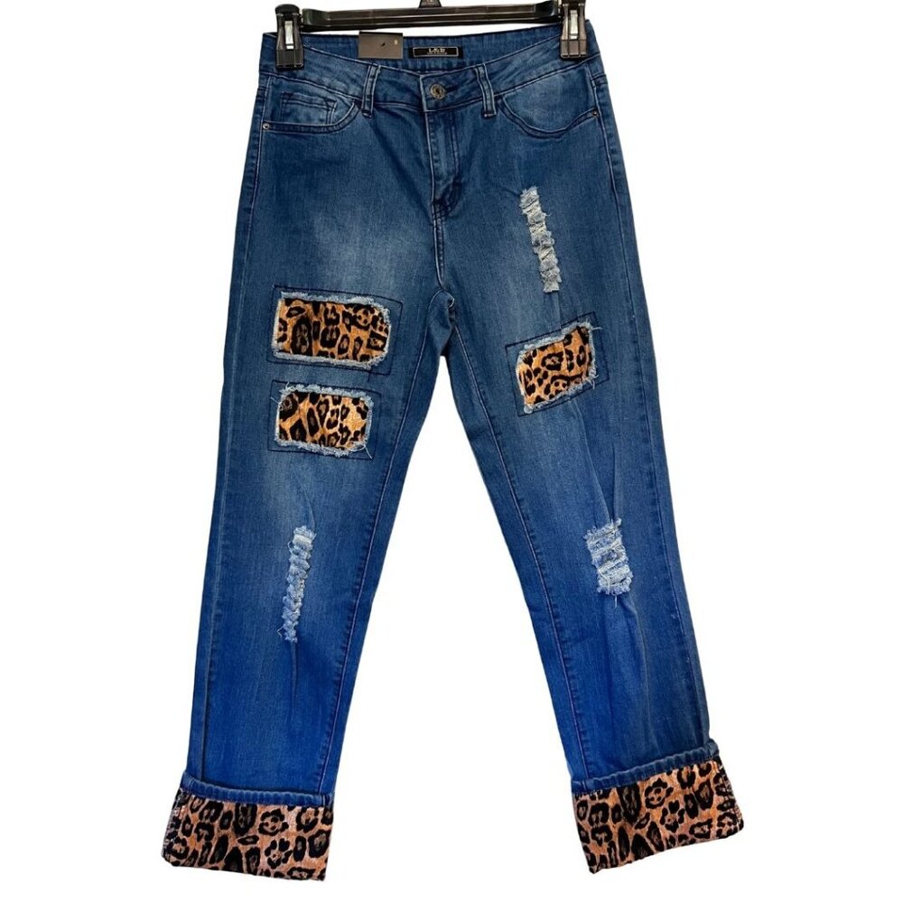 Lucky & Blessed Mid Rise Skinny Rolled Hem Leopard Print Patch Jeans Size 8 L&B